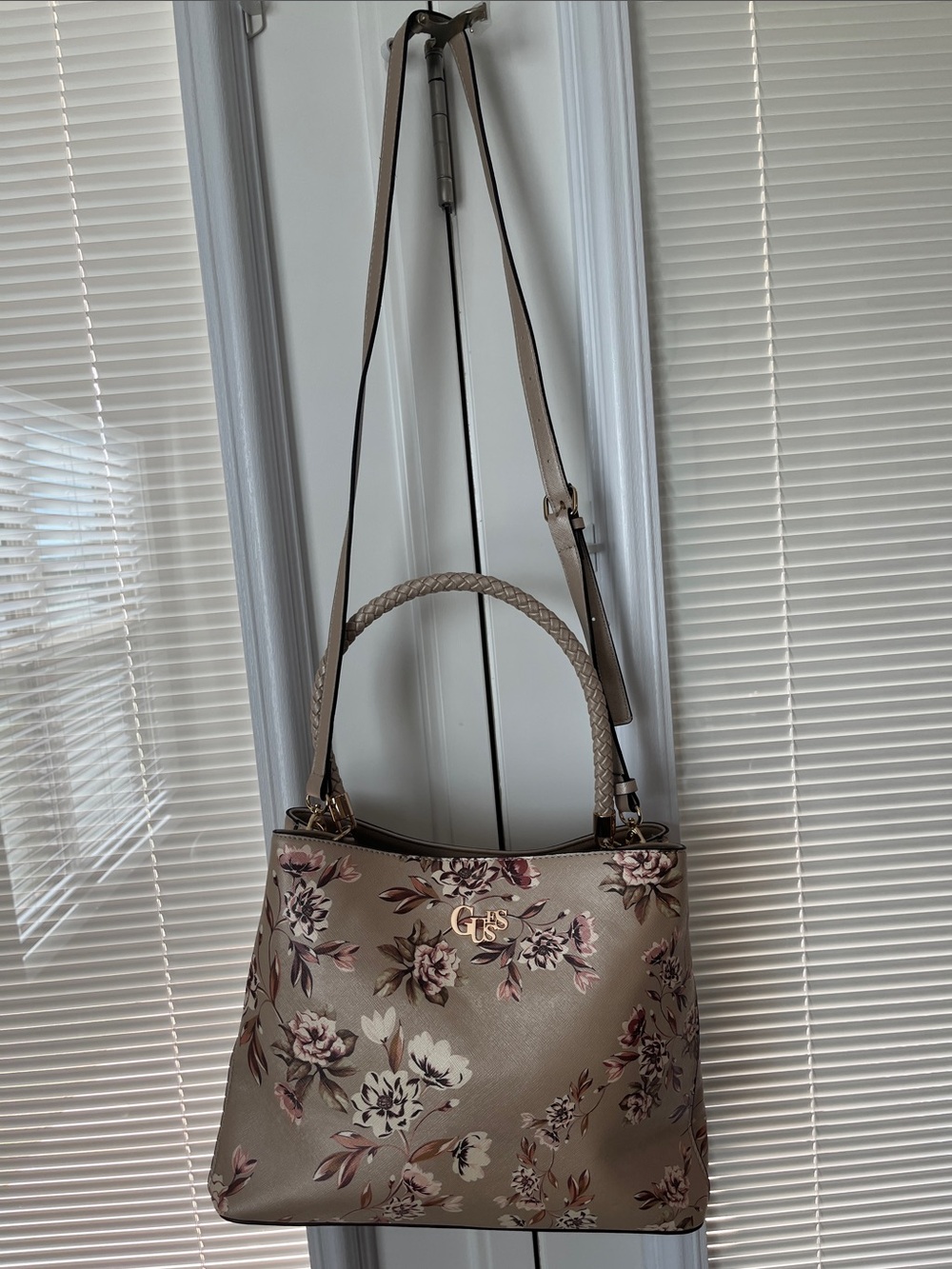 Taupe Floral Shoulder Bag with Braided Handle and Adjustable Strap